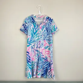 Lilly Pulitzer Girls Mini Sadie Polo Dress Crew Blue Tint Kaleidoscope Coral L 8-10