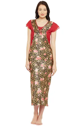 Printed Long Nighty In Gold Color