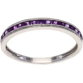 10K White Gold Round Amethyst Stackable Band Ring