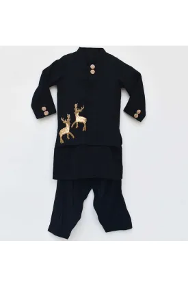 Black deer embroidered jacket with kurta set