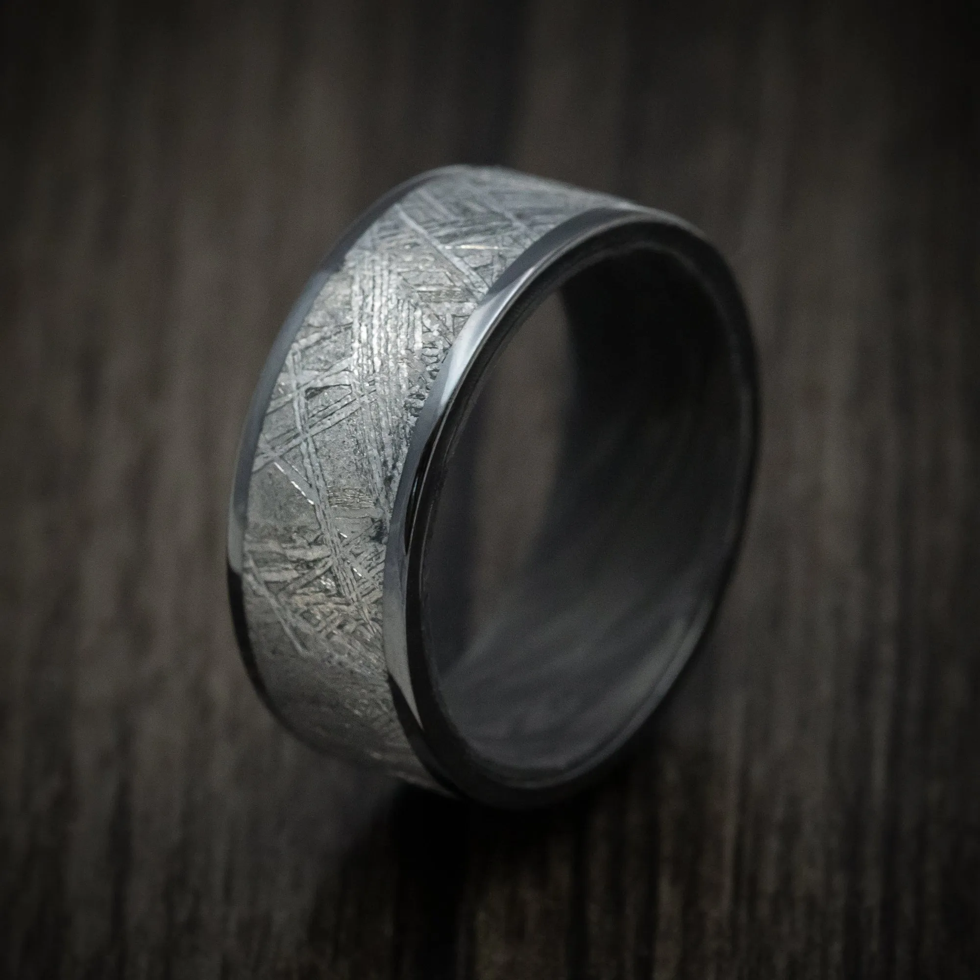 Black Zirconium and Gibeon Meteorite Men's Ring with Forged Carbon Fiber Sleeve Custom Made Band