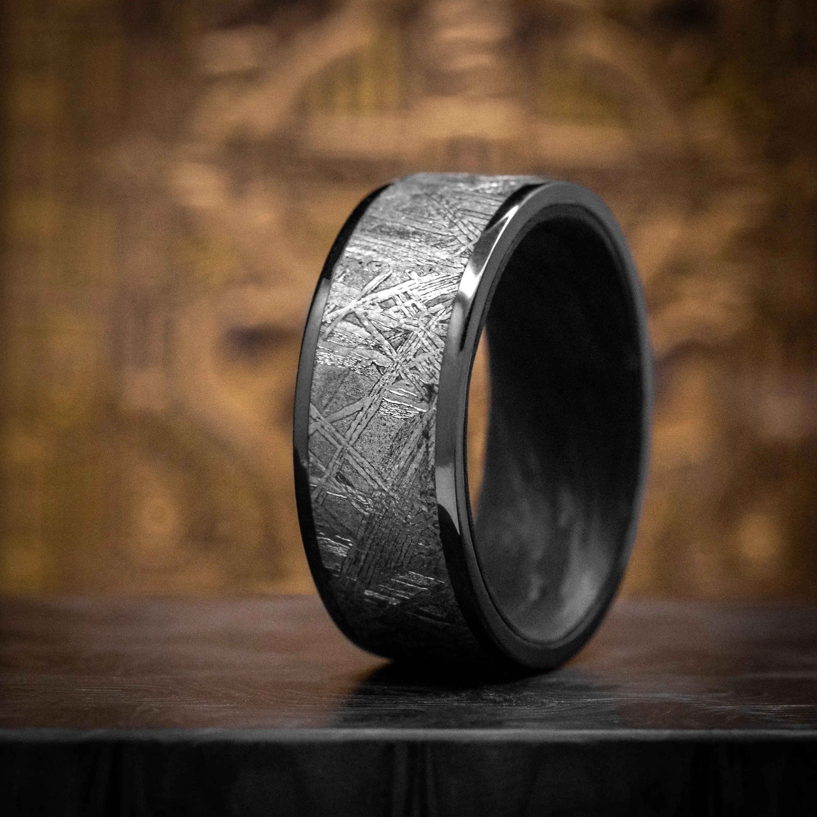 Black Zirconium and Gibeon Meteorite Men's Ring with Forged Carbon Fiber Sleeve Custom Made Band