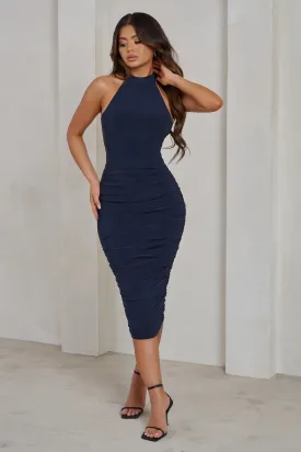 Chrissy | Navy Halterneck Ruched Midi Dress