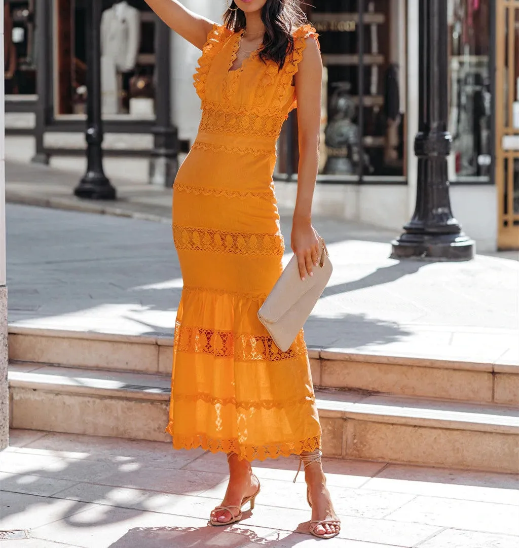 Jade Cotton Eyelet Tiered Maxi Dress - Tangerine - FINAL SALE