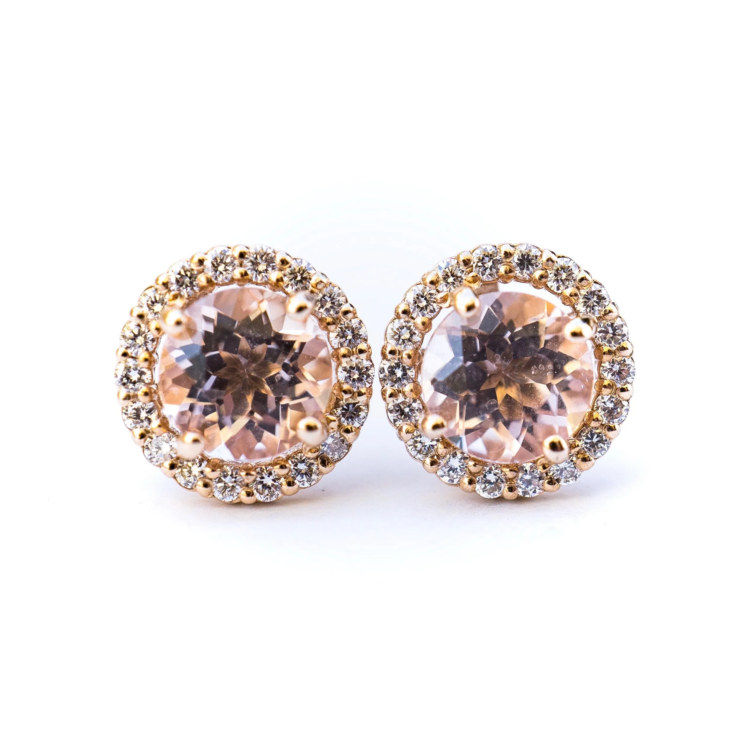 Morganite Diamond Earrings - Morganite Diamond Halo Stud Earrings - Morgniate Halo Studs - Round Morganite Studs Earrings