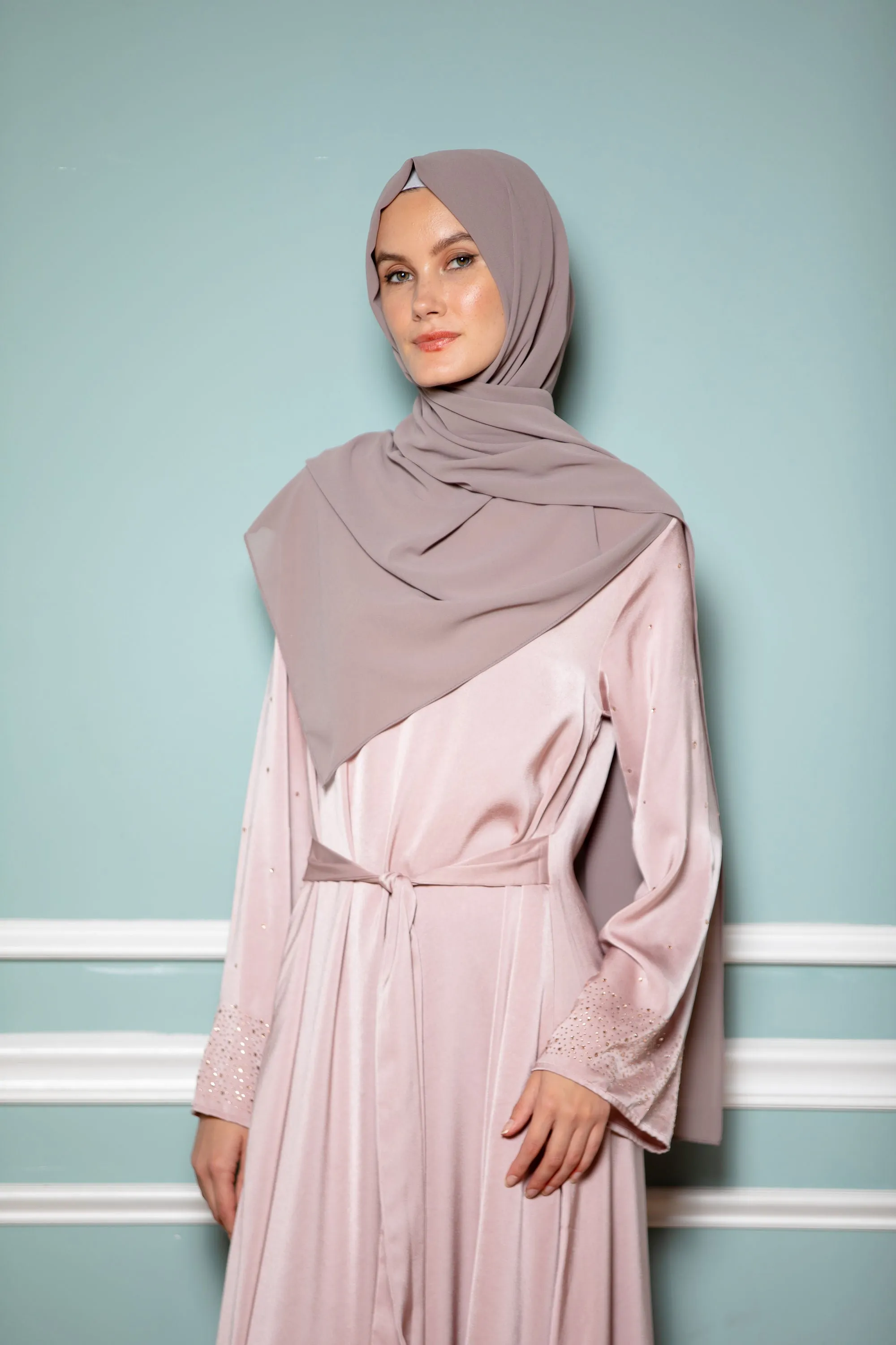 Pink Beaded Satin Long Sleeve Maxi Dress-CLEARANCE