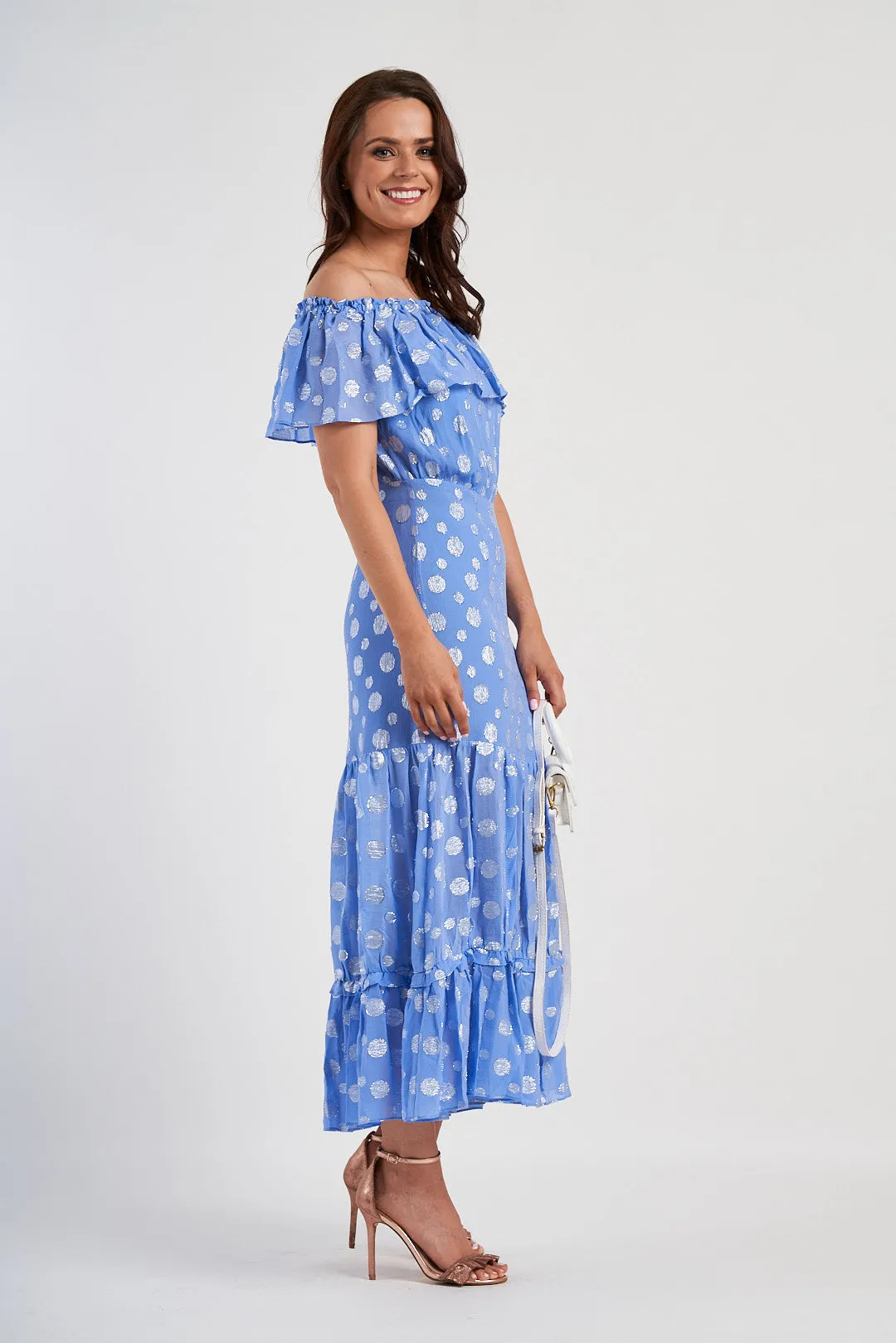 RIXO Powder Blue Metallic Spot Off The Shoulder Midi Dress