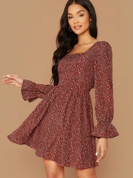 Square Neck Ditsy Print Dress